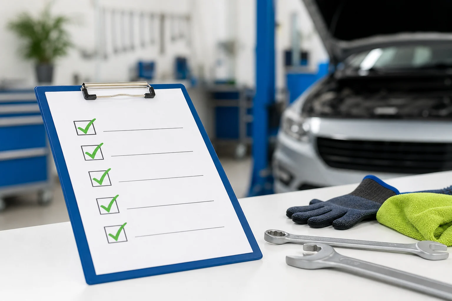 Checkliste und Werkzeug auf hellem Werktisch