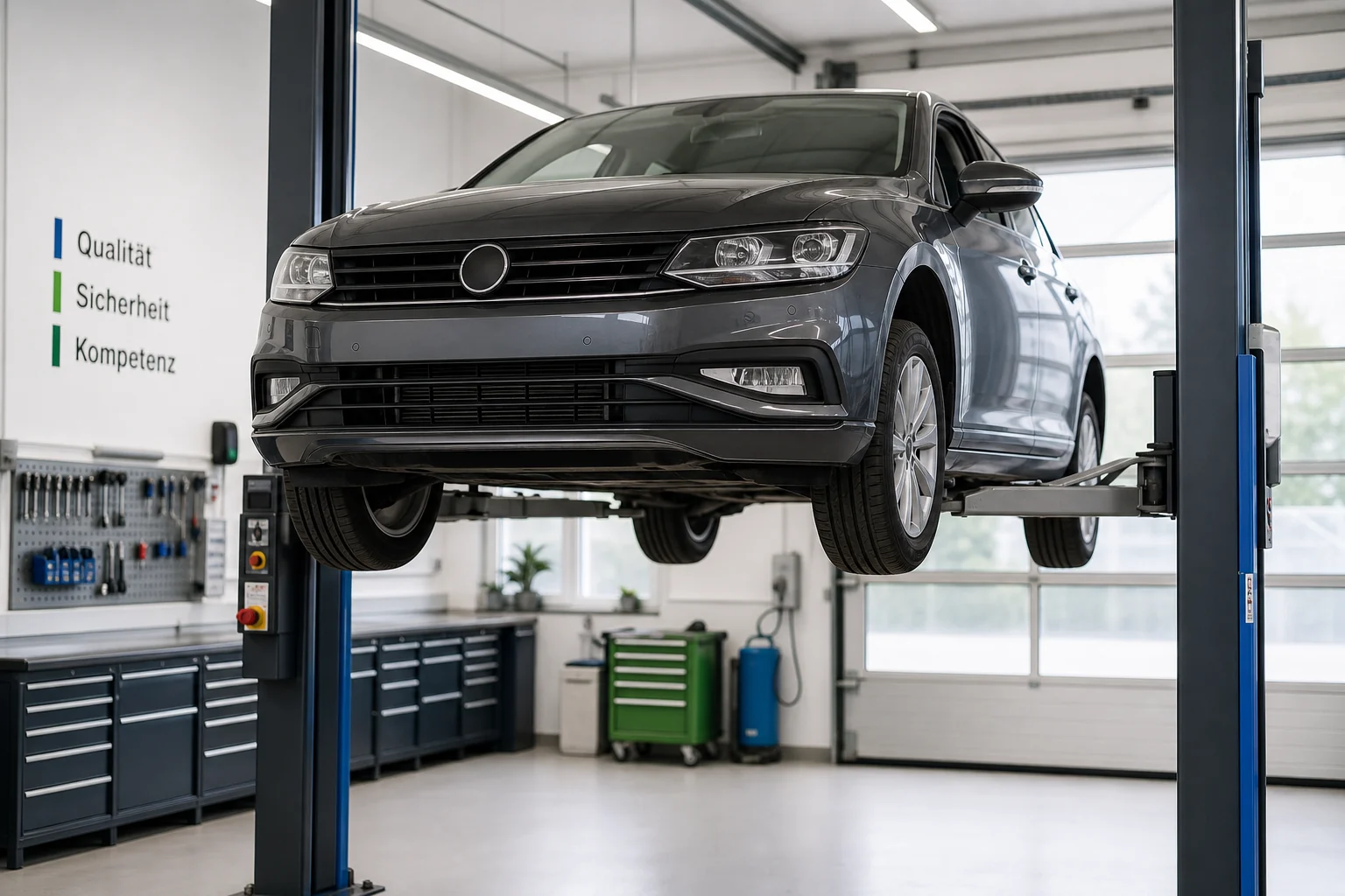 Fahrzeug auf Hebebühne in neutral beleuchteter Werkstatt
